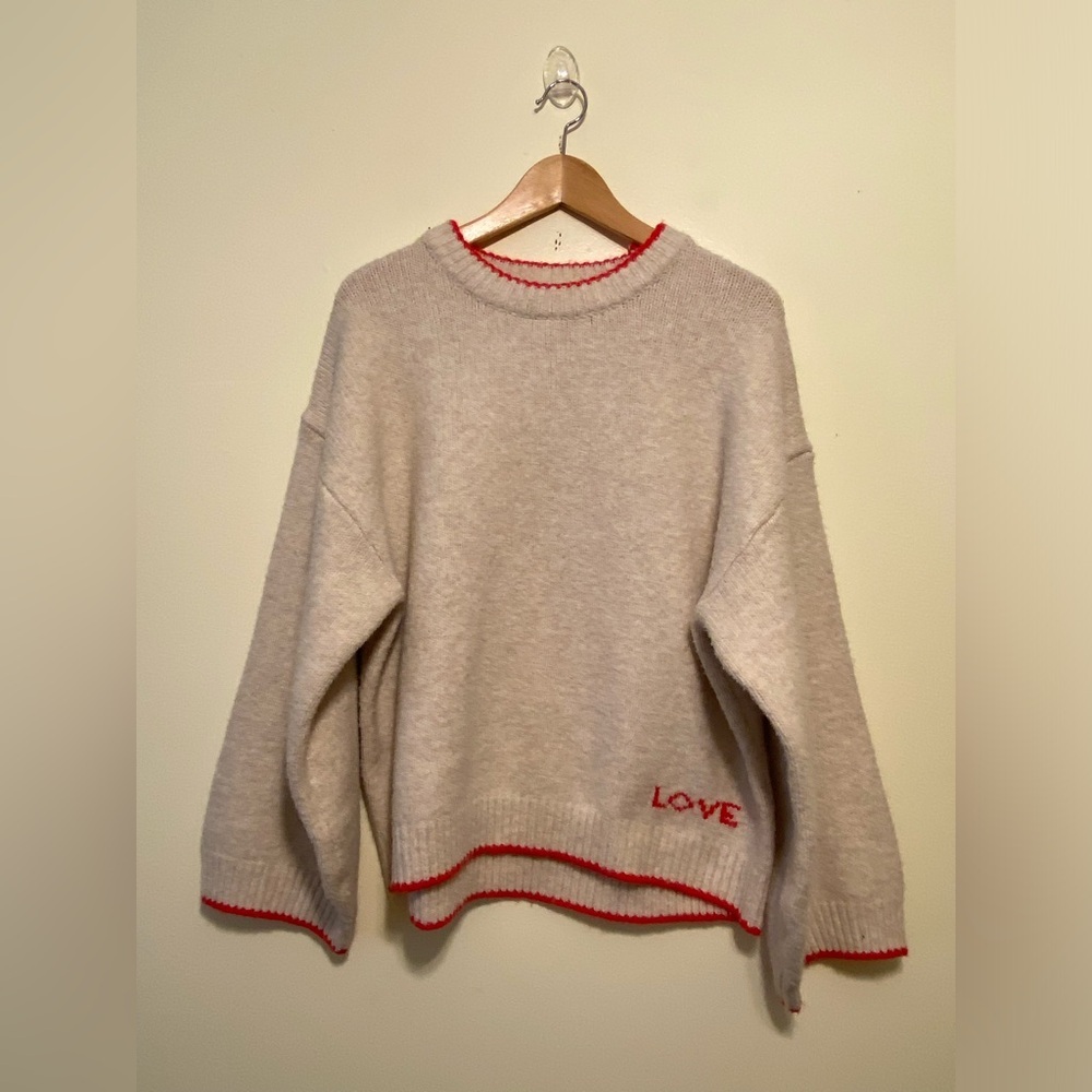 Altar'd State Cream Knit Sweater with Red Trim and 'LOVE' Accent. Size M